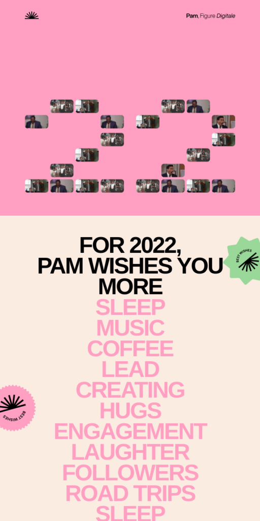 Christmas email campaign: For 2022, Pam wishes you more sleep, music, coffee, lead, creating, hugs, engagement, laughter, followers, road trips, sleep