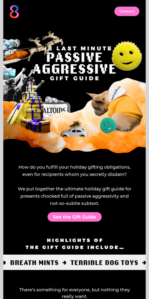 Christmas email template with a collage and heading: last minute passive aggressive gift guide