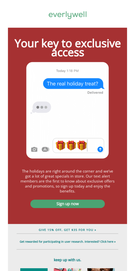 Christmas email idea: an email with the iMessage interface and a dialogue: "The real holiday treat?" - "..."