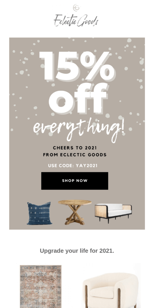 Christmas email campaign with a banner: 15% off everything