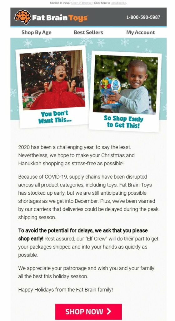 Christmas email template with two photos of children and a long copy