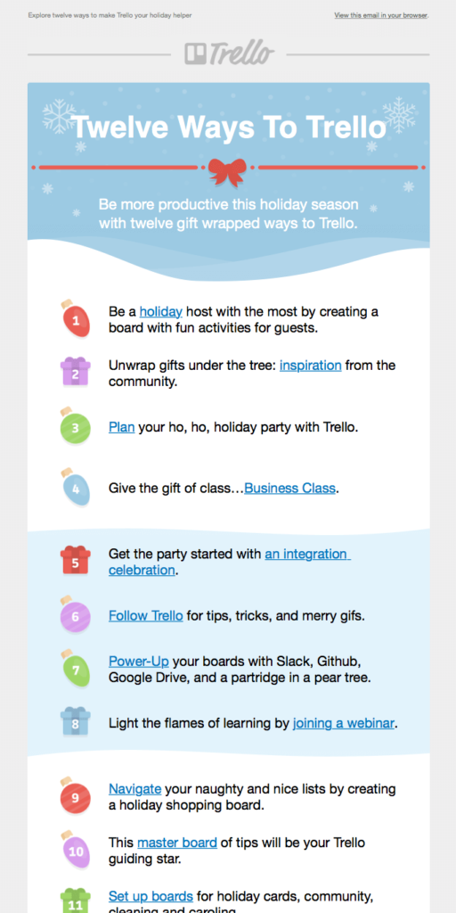 Christmas email campaign with a heading "Twelve ways to Trello" and a list of CTAs