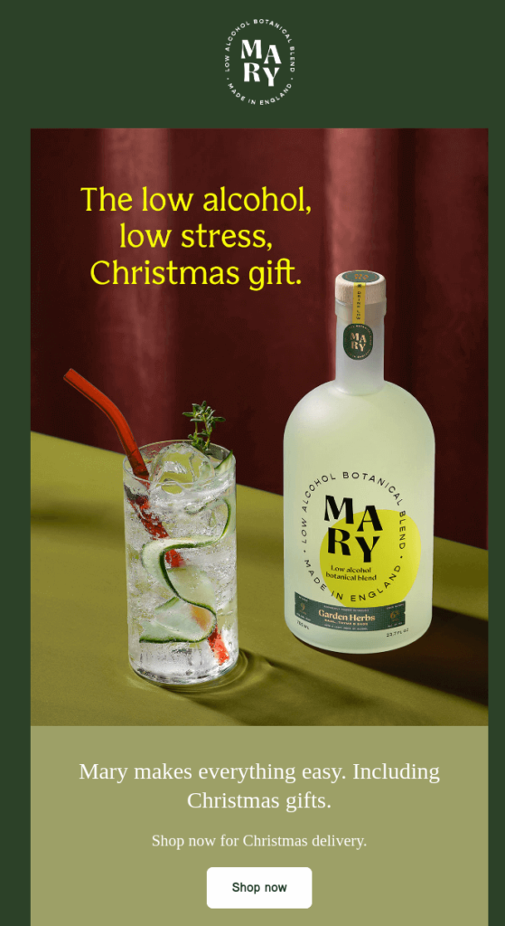 Christmas email campaign with a banner that shows a bottle and a glass and a caption: "The low alcohol, low stress, Christmas gift"