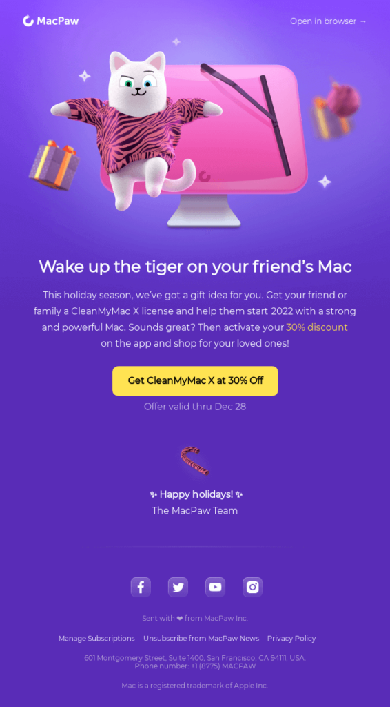 Christmas email template with a cat on the banner and a heading: wake up the tiger on your friend's Mac