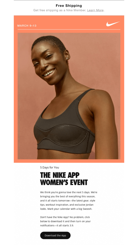 Email template with a caption: the Nike app women's event