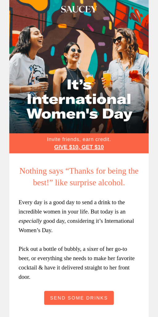 Email template: a banner with a photo of smiling women and a caption: "It's International Women's Day!"