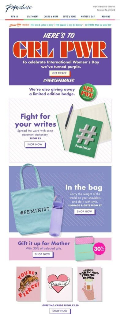 International Women's Day email template with photos of products and text: Here's to GRL PWR