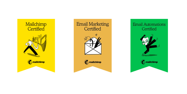 Three Mailchimp badges: Foundamentals, Email Marketing, and Automations