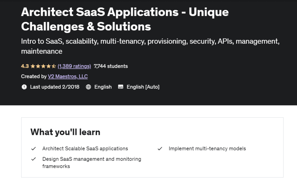 Architect SaaS Applications: main page of the training course on Udemy