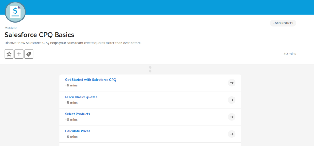 Salesforce CPQ basics training module by Trailhead