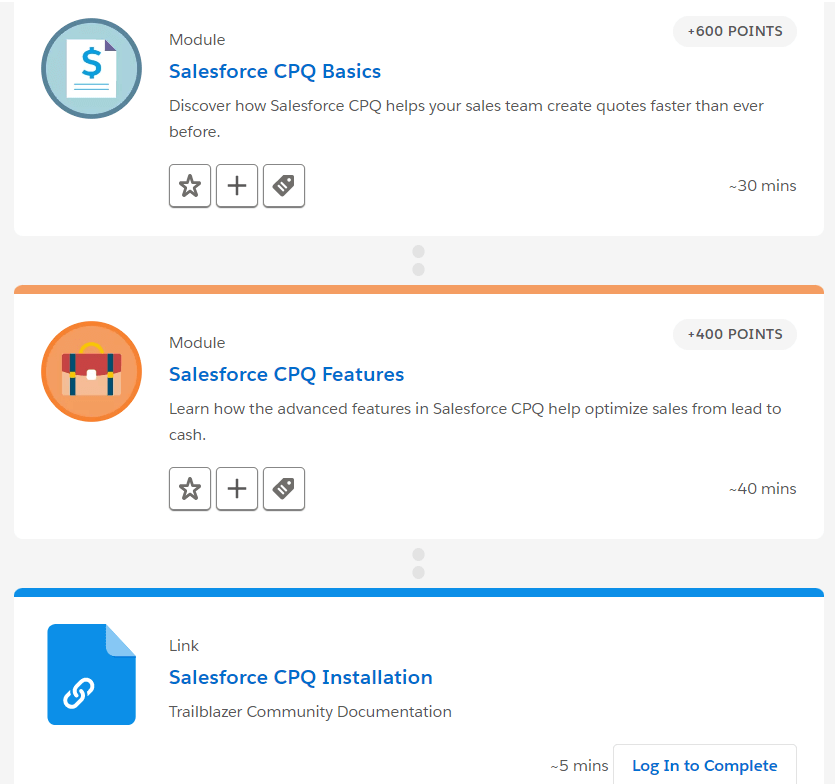 Example of trailmix materials for Salesforce CPQ certification