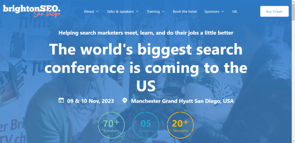 Landing page of a SEO conference 2023: brightonSEO