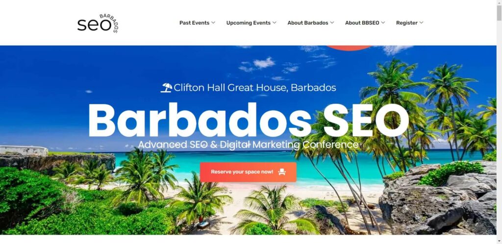 Landing page of an SEO conference 2023: Barbados SEO