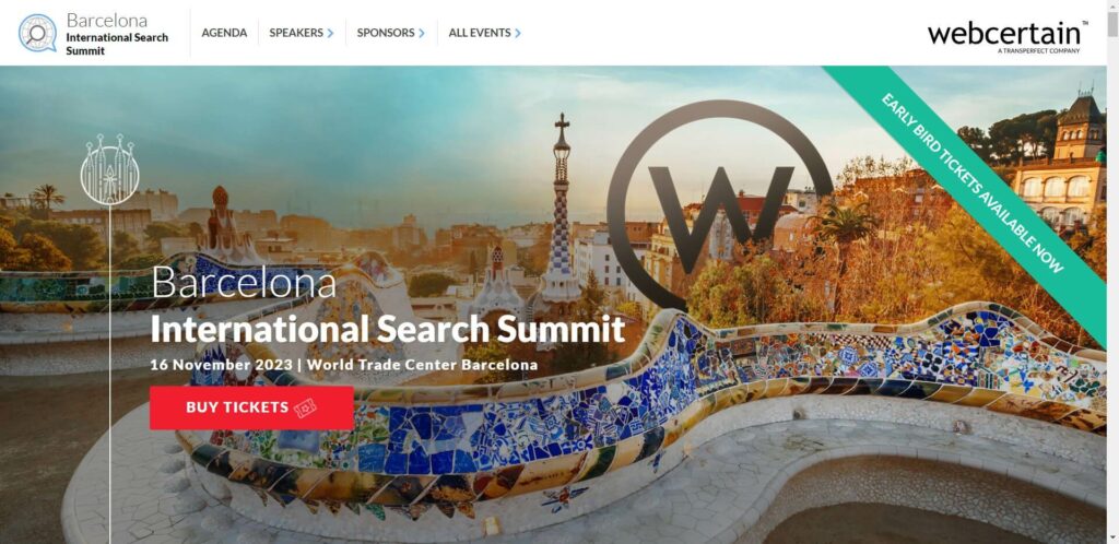 Landing page of an SEO conference 2023: Barcelona International Search Summit