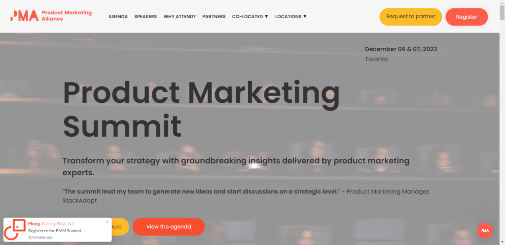 Landing page of the Product Marketing Summit 2023