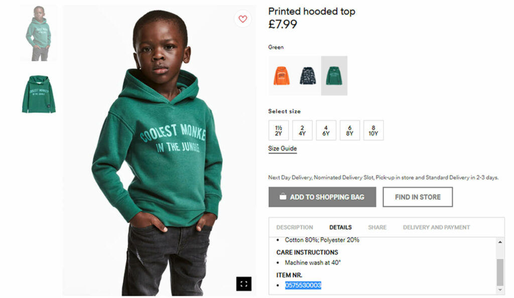 H&M's scandalous hoodie that said "coolest monkey in the jungle" on a black child model