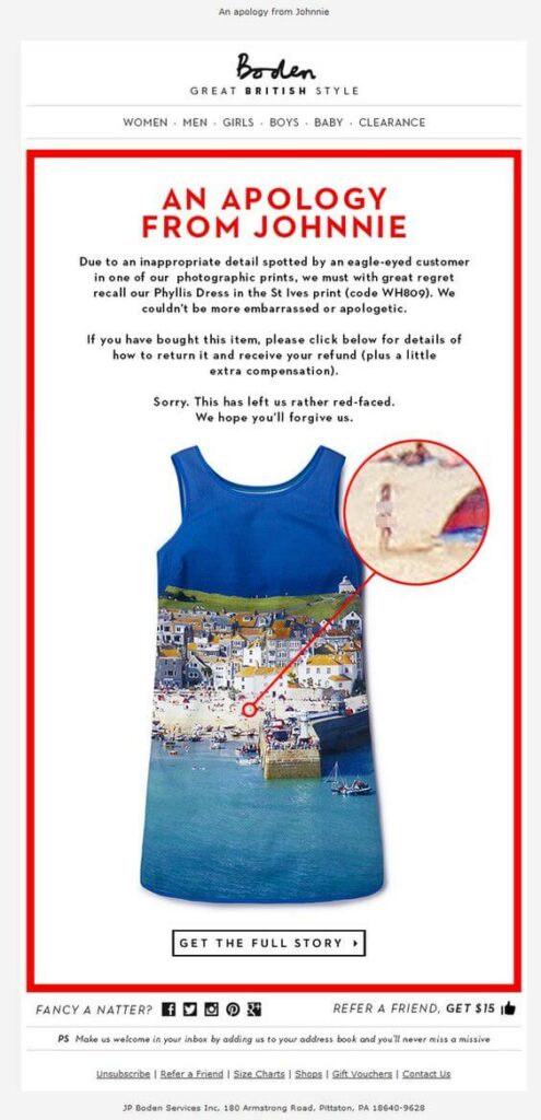 Boden email with a humoros apology about some inappropriate content on the print of a tank top