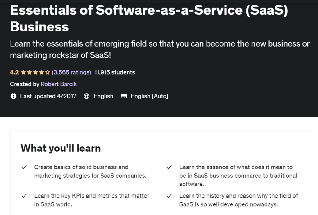 Page of the Essentials of SaaS business course on Udemy