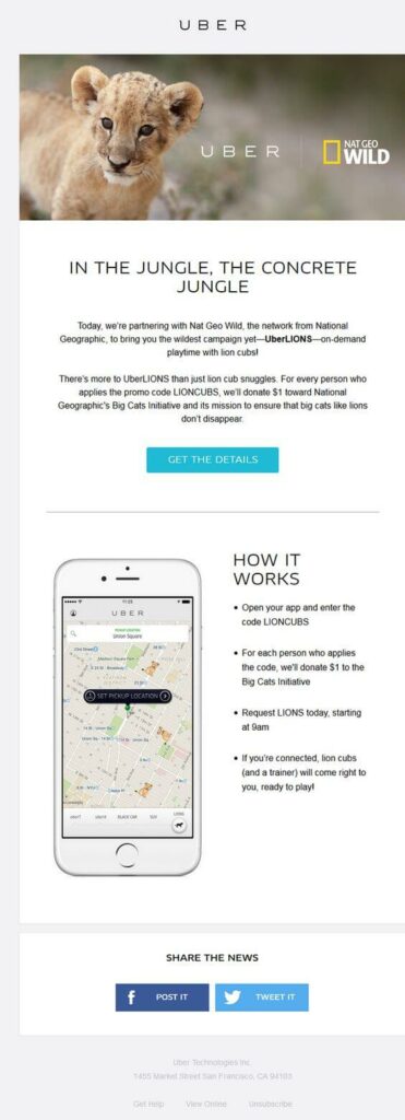 UBER's crossover email with Nat Geo Wild about the lion cubs delivery service