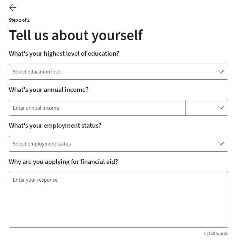 Financial aid application form on Coursera