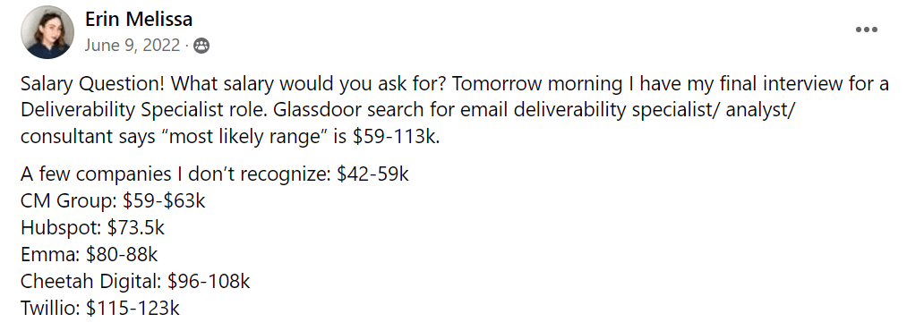 A post from a Facebook group about salaries in email marketing: small companies offer $42-59k; CM Group: $59-$63k; Hubspot: $73.5k; Emma: $80-88k; Cheetah Digital: $96-108k; Twillio: $115-123k