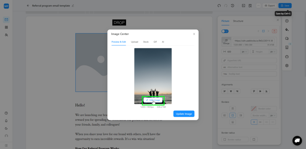 Editing a newsletter banner in Blocks