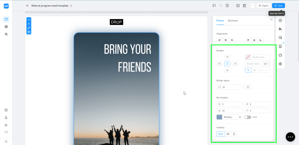 Adding box shadow and changing border radius of an email banner in Blocks