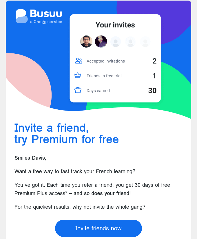 Referral program email campaign by Busuu