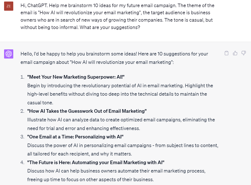 Brainstorming email marketing campaign ideas with the help of ChatGPT