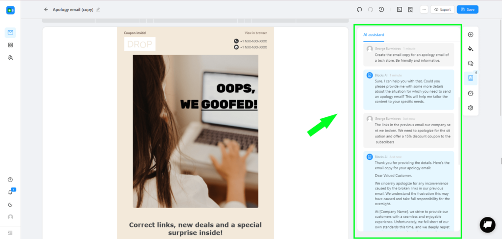Blocks' AI Assistant in the role of a copywriter crafts an email copy for an apology email