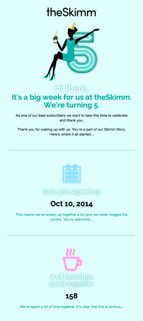 Milestone celebration referral email example by theSkimm