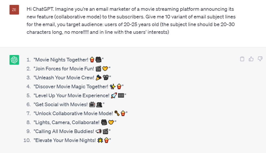 Using ChatGPT to create email subject lines