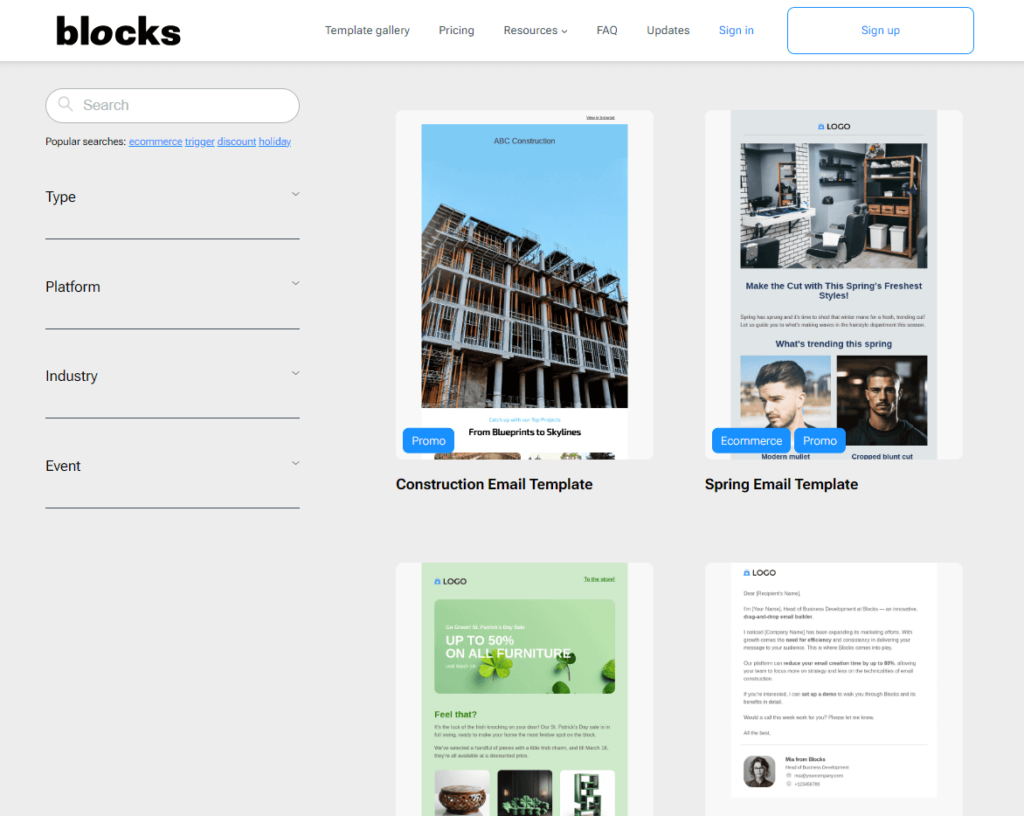 Blocks template gallery with highly-customizable responsive templates