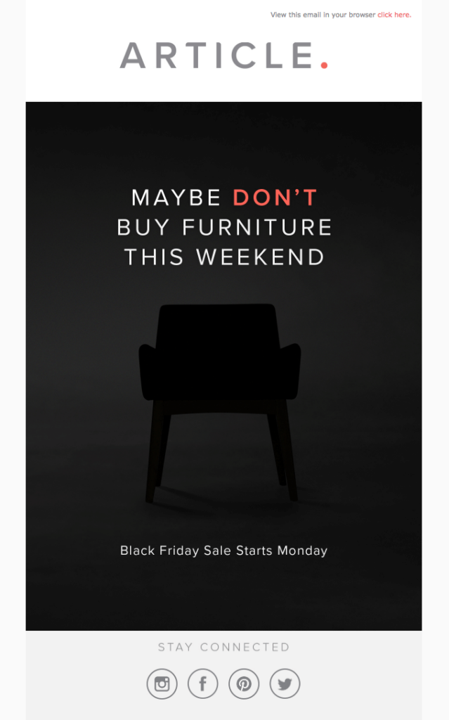 Example of the best Black Friday email by Article announcing a later sales date