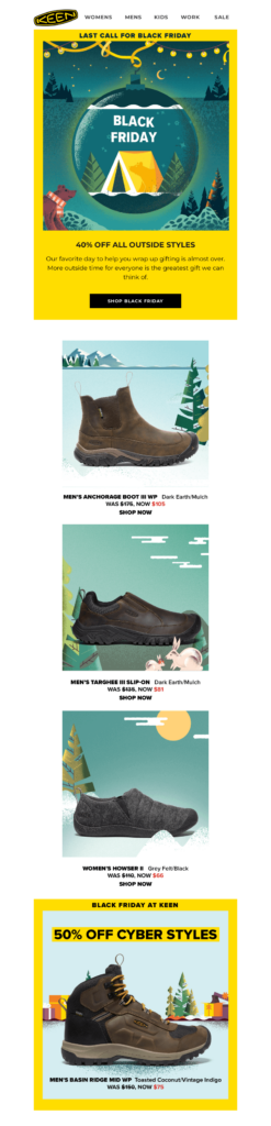 One of the best Black Friday emails by Keen, combining several occasions in its design