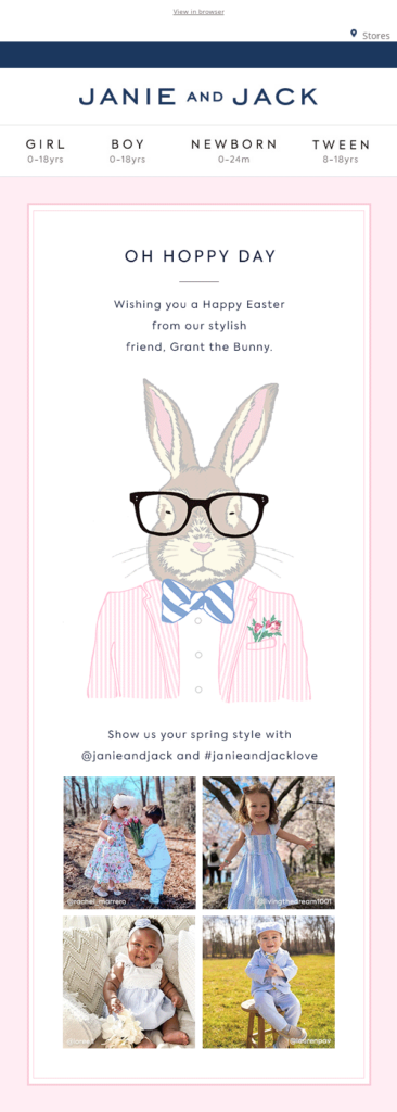 Grant the Bunny greets the reader in the Janie and Jack Easter email