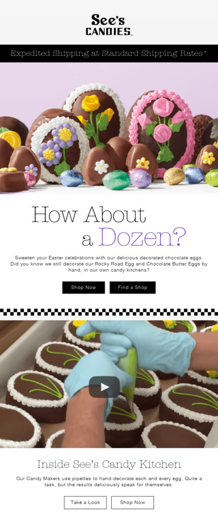 A behind-the-scenes video in an Easter email by See's Candies