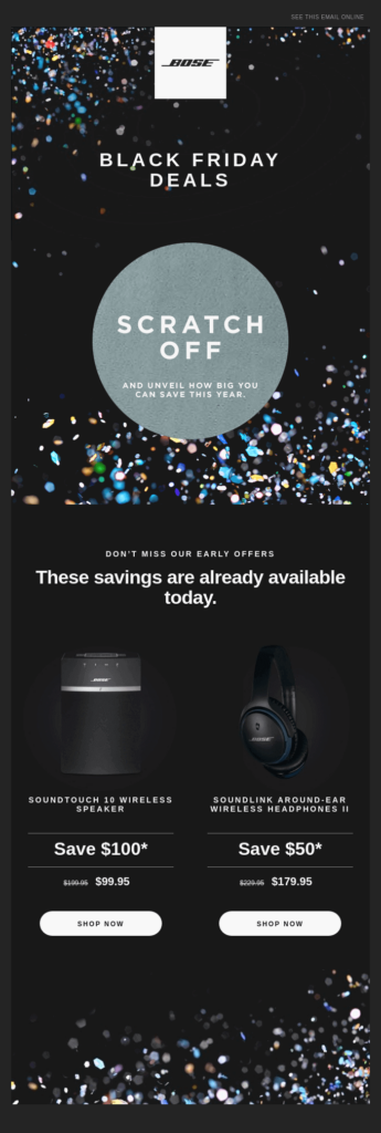 Example of the best Black Friday email by Bose with a CTA in the form of a scratch-and-win