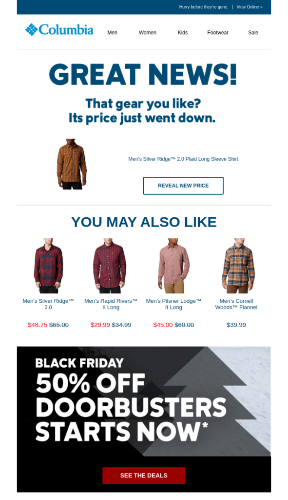 One of the best Black Friday emails by Columbia Sportswear containing a reminder and a list of recommended items