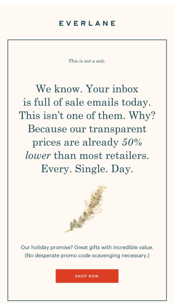 An email by Everlane expanding on the statement in their Cyber Monday subject line