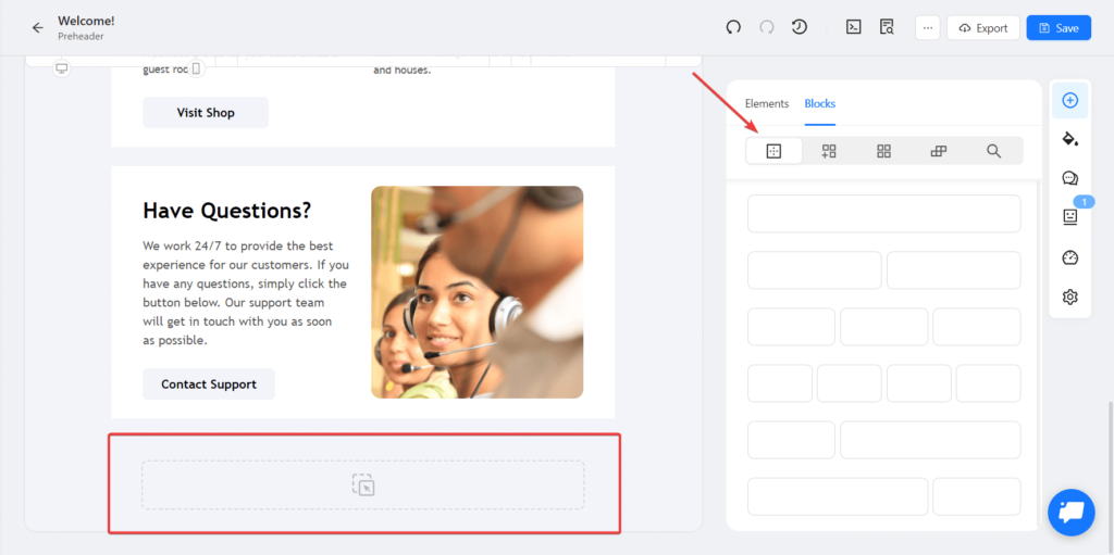 Blocks interface with indicated "Empty blocks" section and outlined empty block in the email template