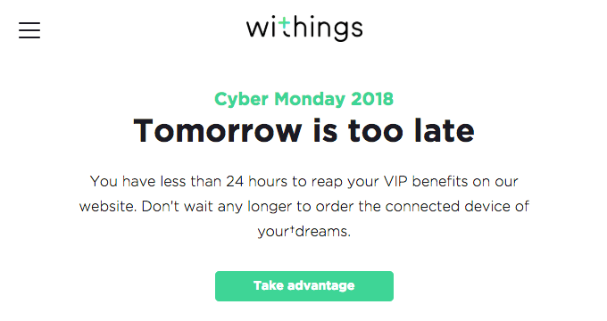 An email by Withings showcasing the VIP offer indicated in their Cyber Monday subject line