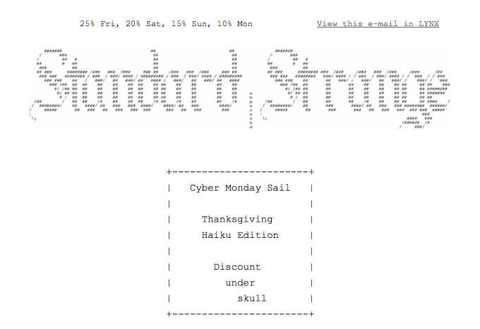 An email by Standard and Strange utilizing the ASCII art similarly to their Cyber Monday subject line