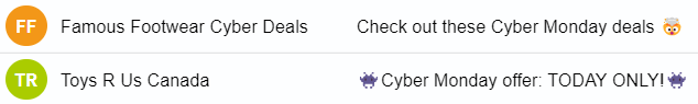 Emojis used in Cyber Monday subject lines by Famous Footwear and Toys "R" Us