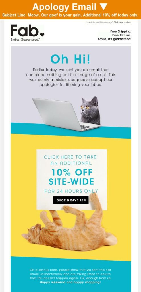 Oops email by Fab directly showcasing the discount in the subject line