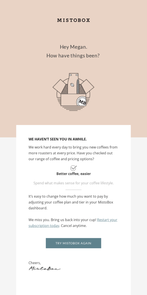 Personalized reactivation email by MistoBox that addresses the subscriber by name.