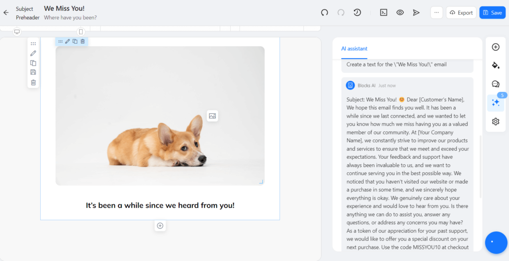 AI assistant in Blocks that have composed a sample text for the "We miss you" email.
