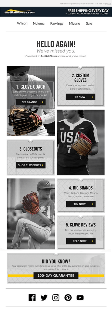 "We miss you" email example by JustBallGloves that showcases various options and deals for its products.