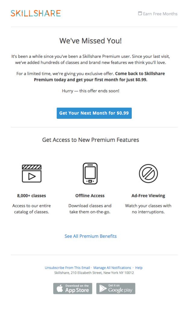 "We miss you" email example by Skillshare that offers a month of Premium access for $0.99.