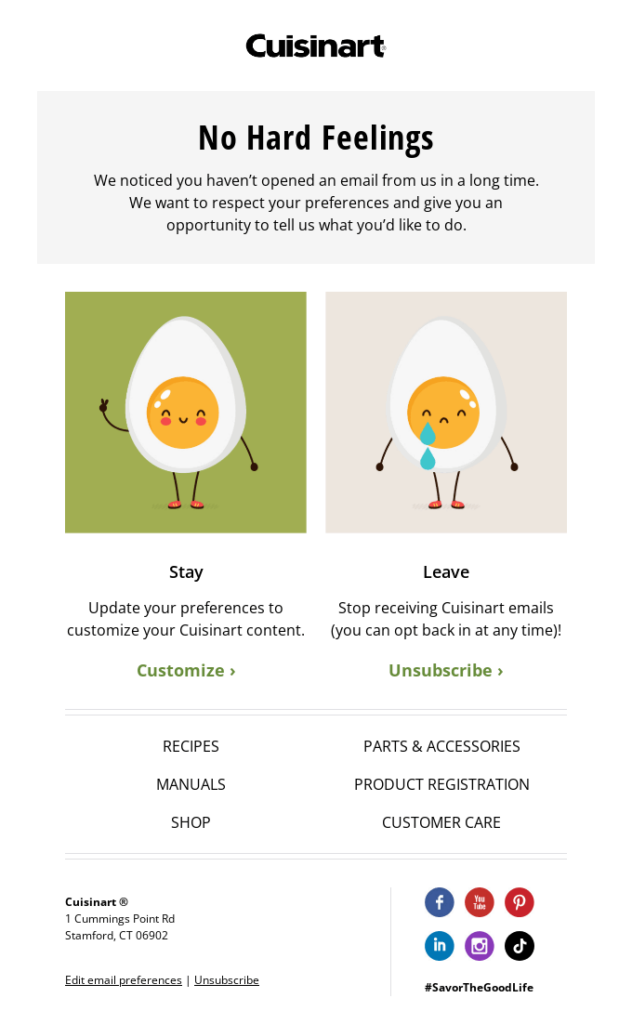 "We miss you" email example by Cuisinart with the "Unsubscribe" link located in the email banner.